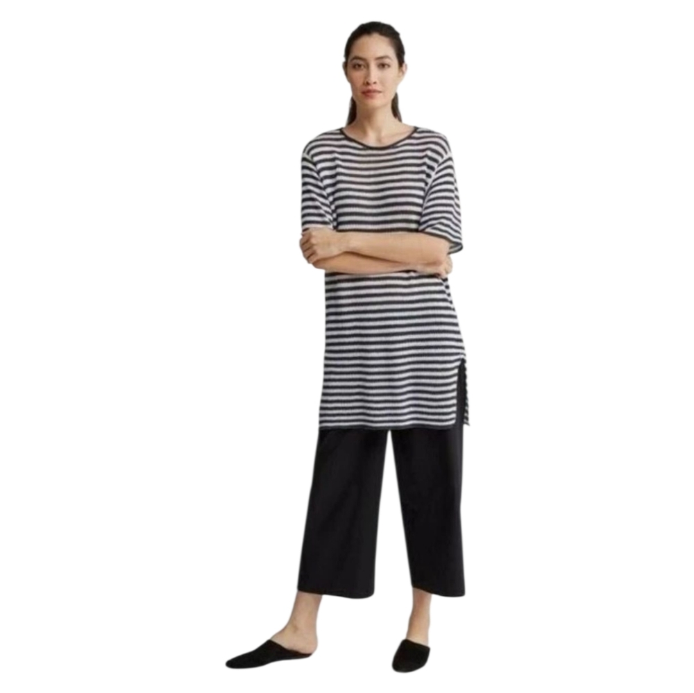 Eileen Fisher Organic Linen Knit Stripe Tunic Top – Size M – Classic & Comfy!